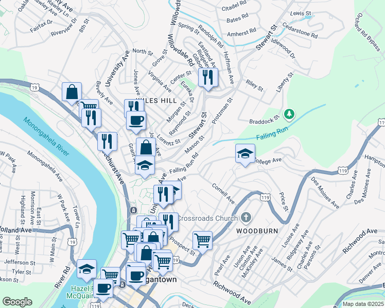 map of restaurants, bars, coffee shops, grocery stores, and more near 372 Stewart Street in Morgantown
