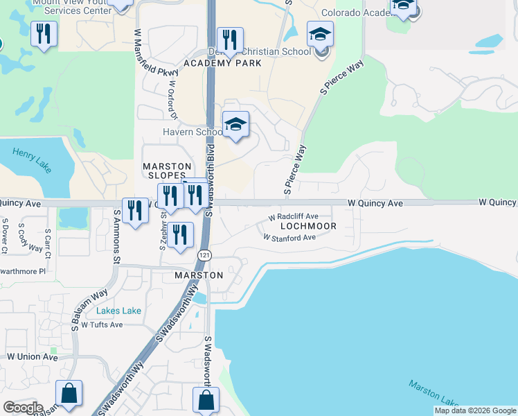 map of restaurants, bars, coffee shops, grocery stores, and more near 7272 West Quincy Avenue in Littleton