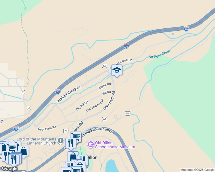 map of restaurants, bars, coffee shops, grocery stores, and more near 421 Alpine Road in Silverthorne