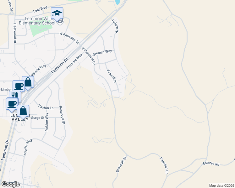 map of restaurants, bars, coffee shops, grocery stores, and more near 525 East Patrician Drive in Reno