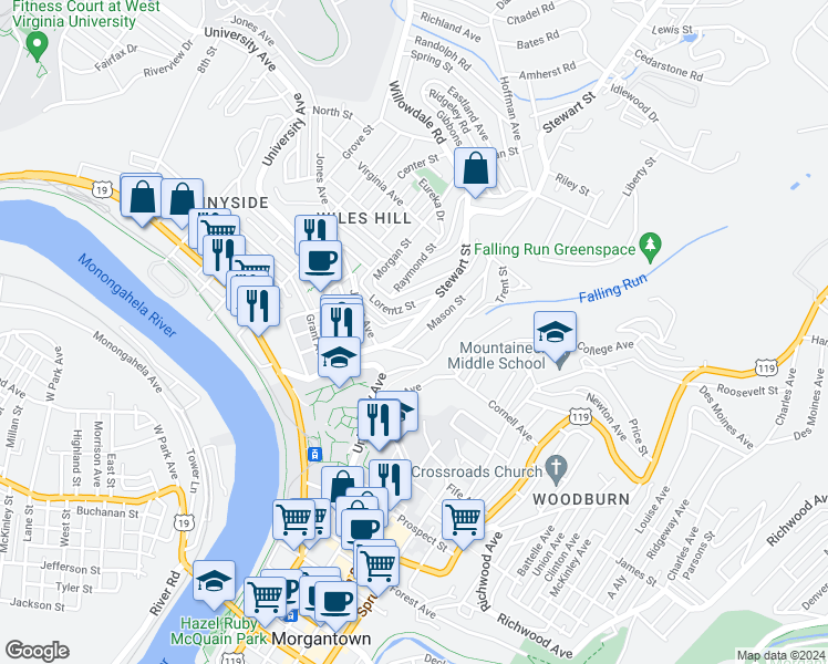 map of restaurants, bars, coffee shops, grocery stores, and more near 125 Lorentz Street in Morgantown