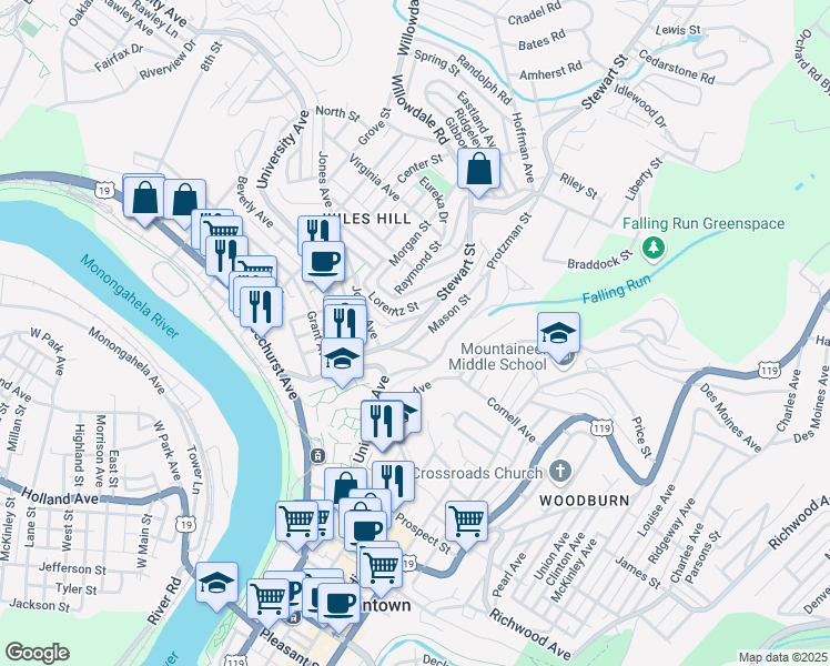 map of restaurants, bars, coffee shops, grocery stores, and more near 125 Lorentz Street in Morgantown