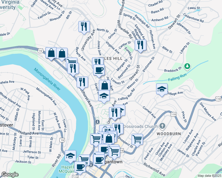 map of restaurants, bars, coffee shops, grocery stores, and more near 55 Jones Avenue in Morgantown