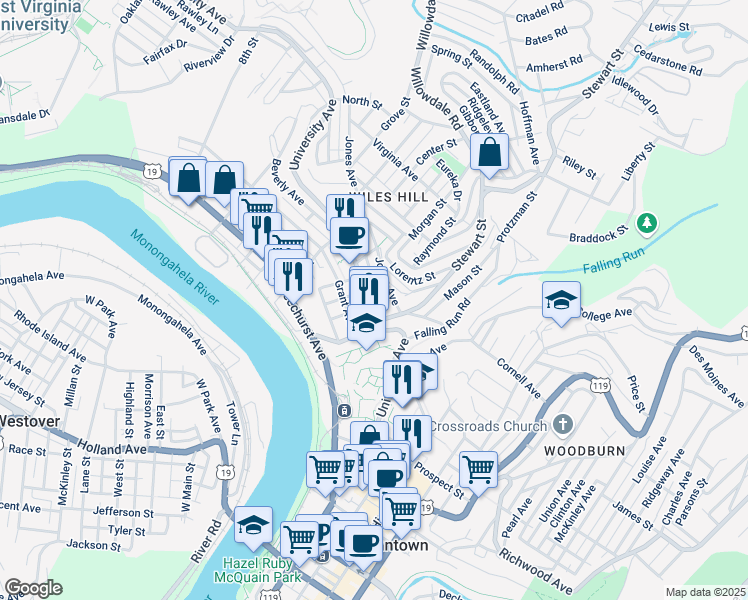 map of restaurants, bars, coffee shops, grocery stores, and more near 55 Jones Avenue in Morgantown