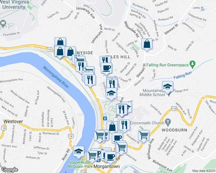 map of restaurants, bars, coffee shops, grocery stores, and more near 208 Grant Avenue in Morgantown