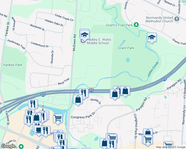map of restaurants, bars, coffee shops, grocery stores, and more near 7300 Mc Ewen Road in Dayton