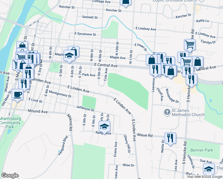 map of restaurants, bars, coffee shops, grocery stores, and more near 1001 East Linden Avenue in Miamisburg