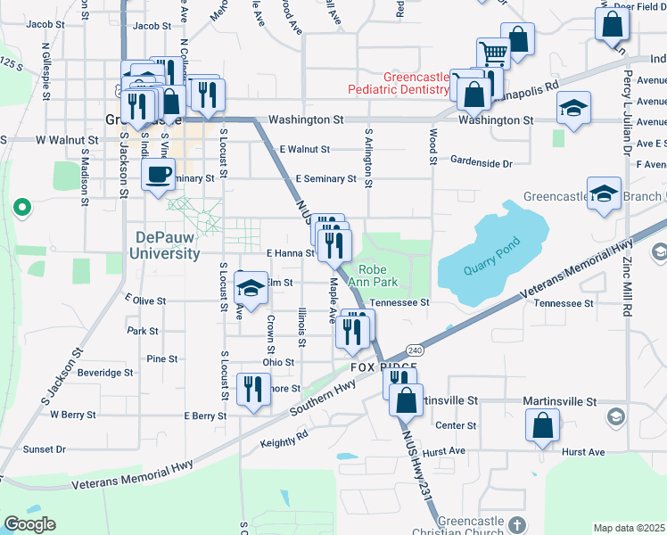 map of restaurants, bars, coffee shops, grocery stores, and more near 516 East Hanna Street in Greencastle