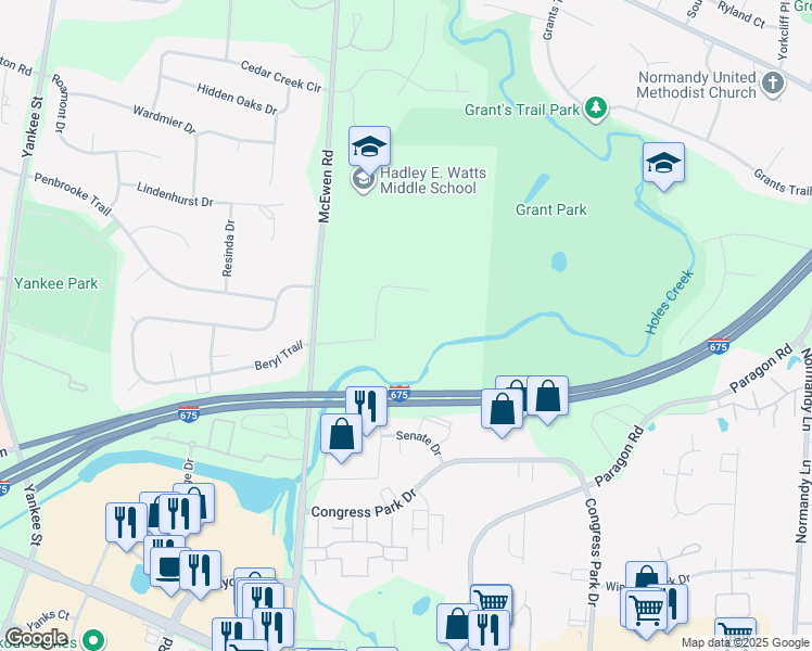 map of restaurants, bars, coffee shops, grocery stores, and more near 7300 McEwen Road in Dayton