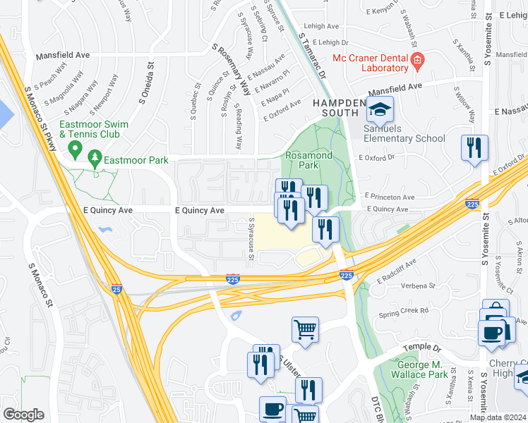 map of restaurants, bars, coffee shops, grocery stores, and more near 7756 East Quincy Avenue in Denver