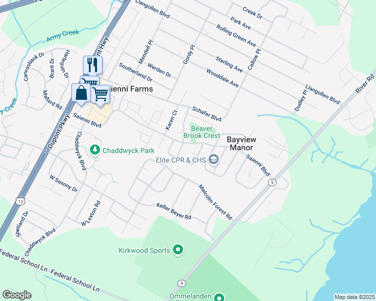 map of restaurants, bars, coffee shops, grocery stores, and more near 4 Candy Court in New Castle