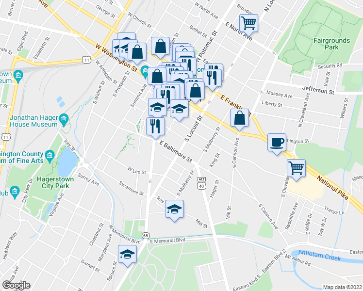 map of restaurants, bars, coffee shops, grocery stores, and more near 143 South Locust Street in Hagerstown