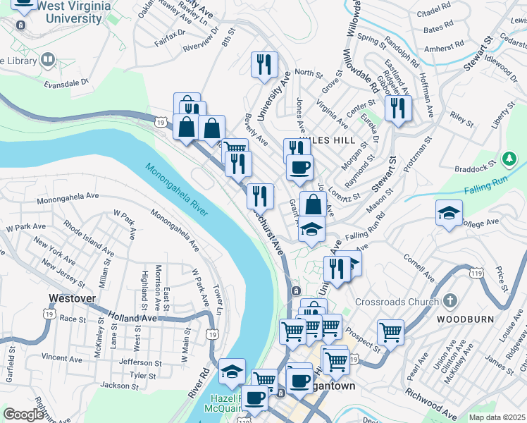 map of restaurants, bars, coffee shops, grocery stores, and more near 244 Beechurst Avenue in Morgantown