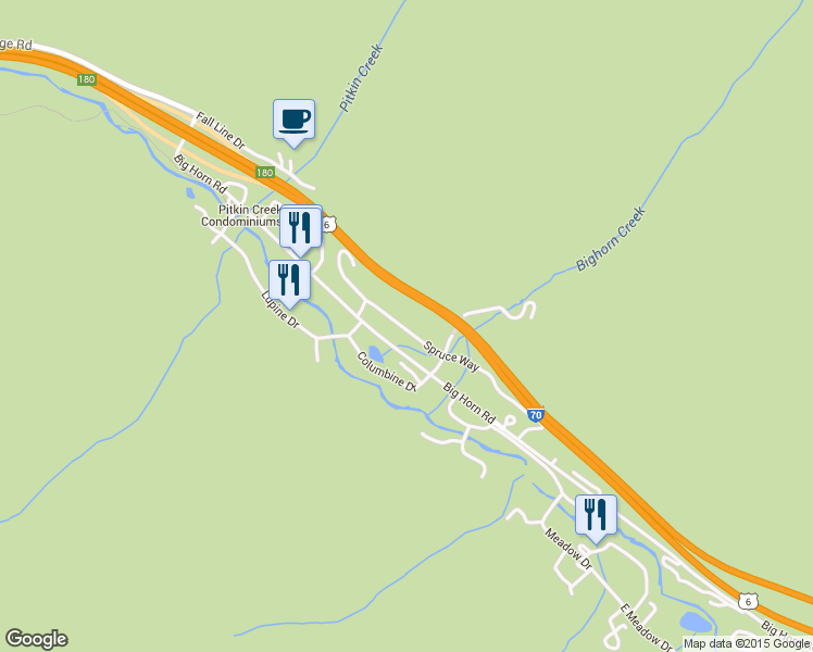 map of restaurants, bars, coffee shops, grocery stores, and more near 4213 Spruce Way in Vail