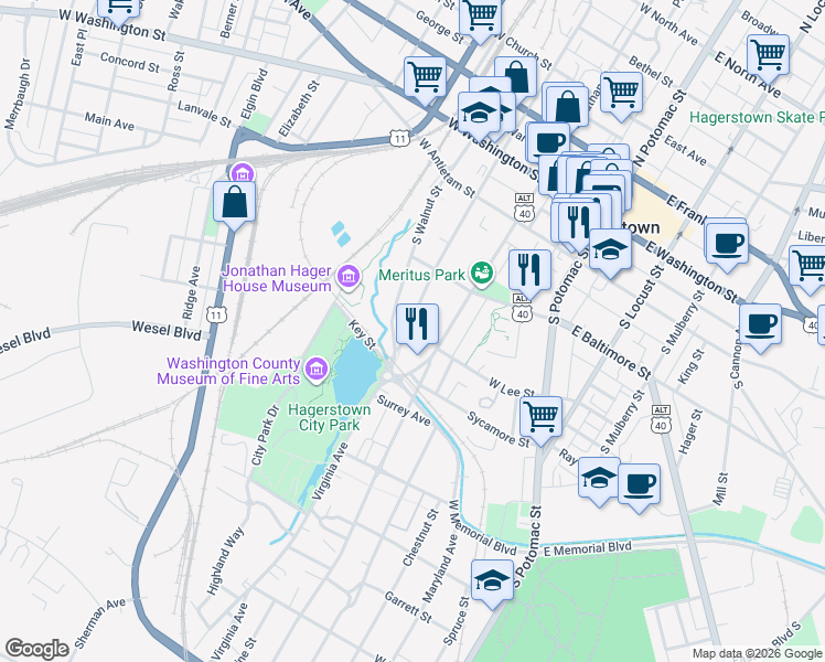 map of restaurants, bars, coffee shops, grocery stores, and more near 264 South Prospect Street in Hagerstown