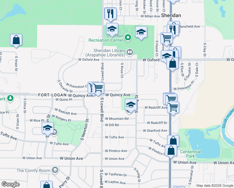 map of restaurants, bars, coffee shops, grocery stores, and more near in Denver