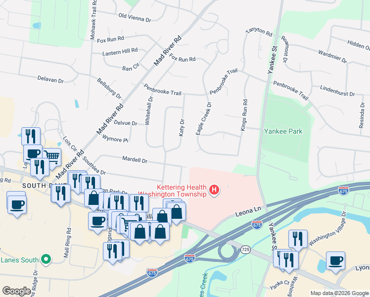 map of restaurants, bars, coffee shops, grocery stores, and more near 7611 Eagle Creek Drive in Dayton
