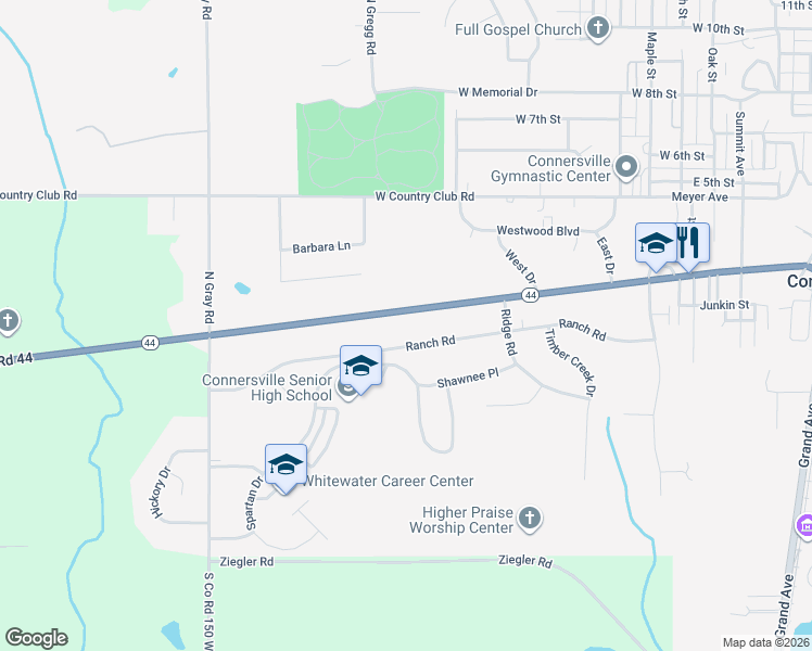 map of restaurants, bars, coffee shops, grocery stores, and more near 1013 West 3rd Street in Connersville