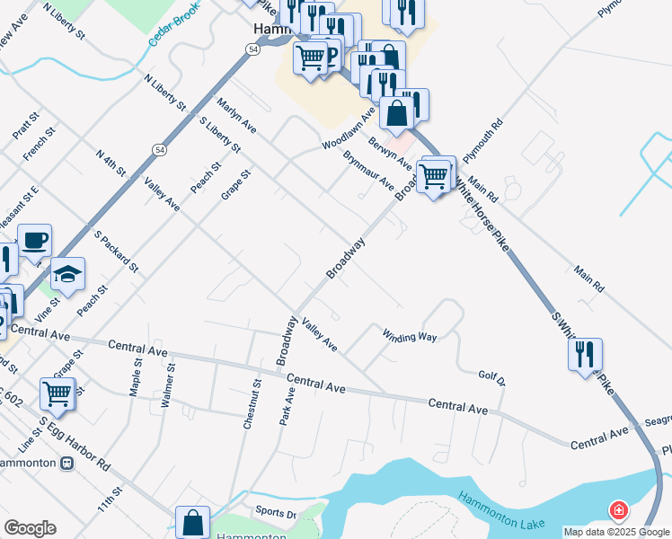 map of restaurants, bars, coffee shops, grocery stores, and more near 132 Broadway in Hammonton