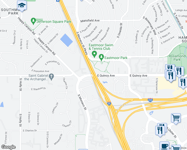 map of restaurants, bars, coffee shops, grocery stores, and more near South Valley Highway in Denver