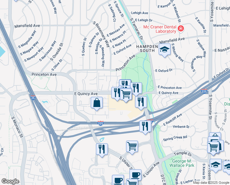 map of restaurants, bars, coffee shops, grocery stores, and more near 7756 East Quincy Avenue in Denver