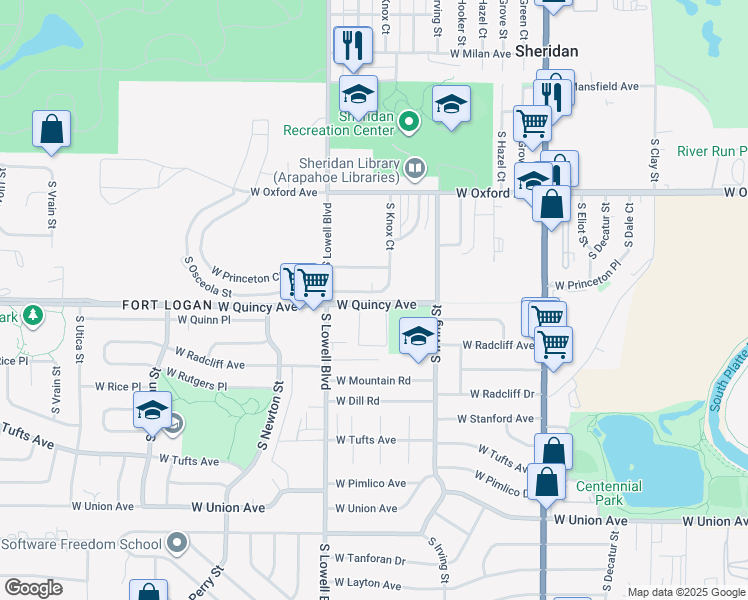 map of restaurants, bars, coffee shops, grocery stores, and more near in Denver