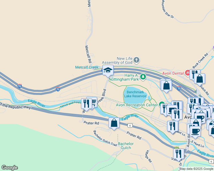 map of restaurants, bars, coffee shops, grocery stores, and more near 811 West Beaver Creek Boulevard in Avon