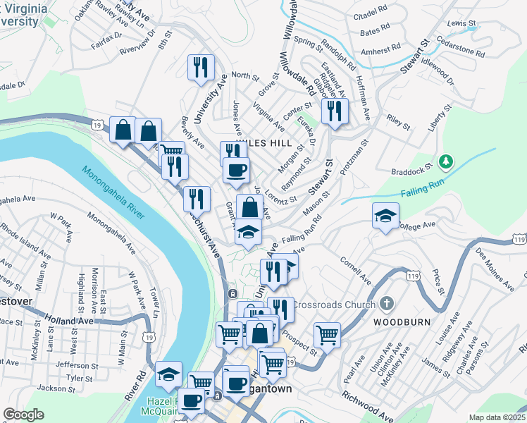 map of restaurants, bars, coffee shops, grocery stores, and more near 55 Jones Avenue in Morgantown