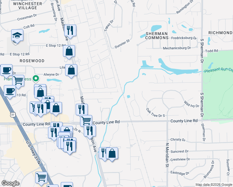 map of restaurants, bars, coffee shops, grocery stores, and more near 2926 Country Estates Drive in Indianapolis