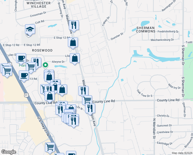 map of restaurants, bars, coffee shops, grocery stores, and more near 2646 Country Estates Drive in Indianapolis