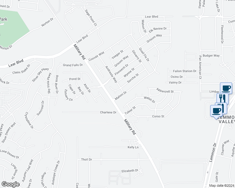 map of restaurants, bars, coffee shops, grocery stores, and more near 9055 Alsandair Court in Reno