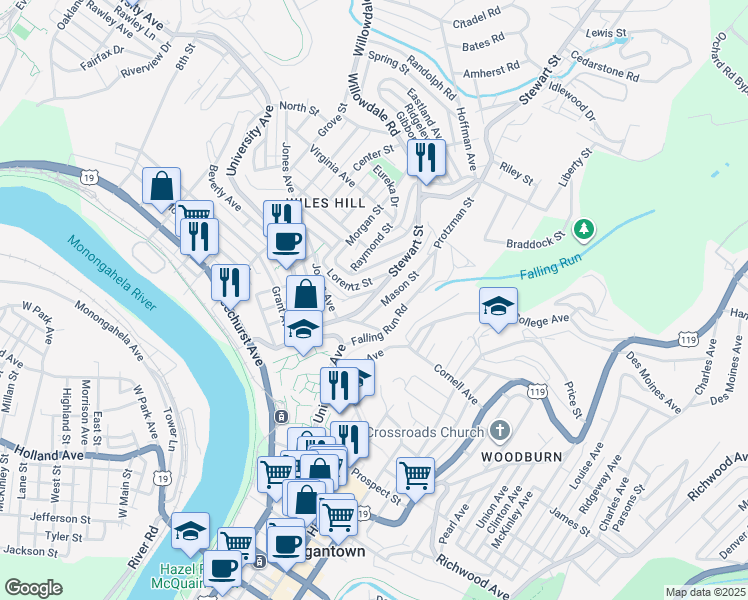 map of restaurants, bars, coffee shops, grocery stores, and more near 344 Stewart Street in Morgantown
