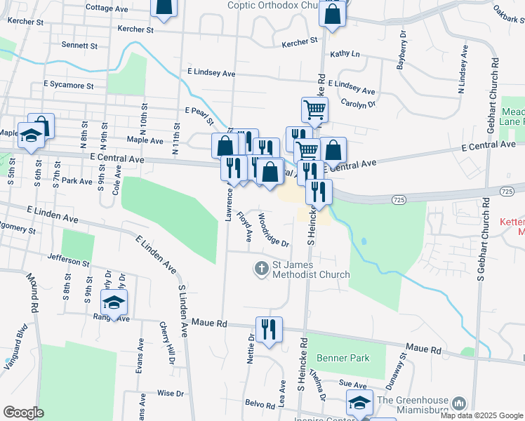 map of restaurants, bars, coffee shops, grocery stores, and more near 1316 Uhlwood Drive in Miamisburg