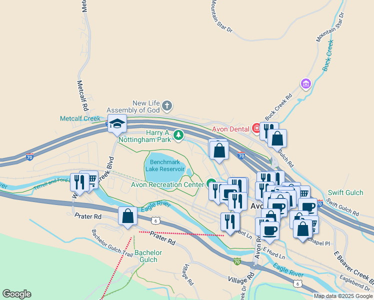 map of restaurants, bars, coffee shops, grocery stores, and more near 420 West Beaver Creek Boulevard in Avon