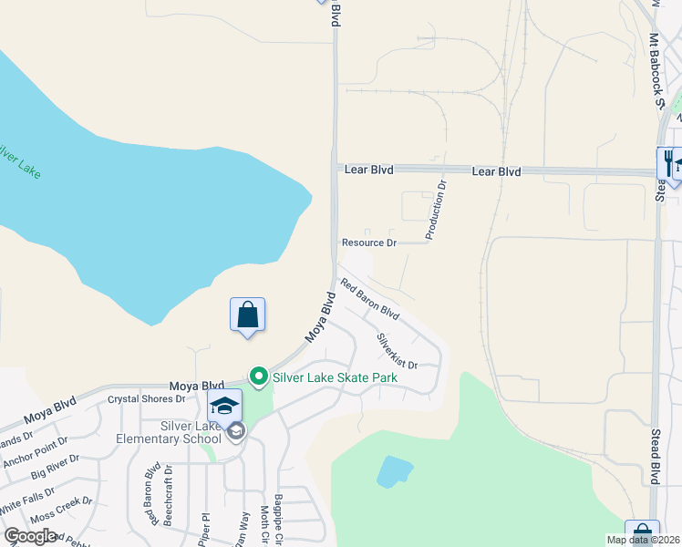 map of restaurants, bars, coffee shops, grocery stores, and more near 9398 Red Baron Boulevard in Reno