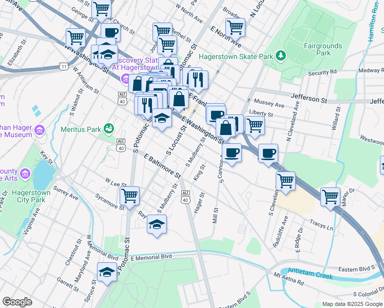 map of restaurants, bars, coffee shops, grocery stores, and more near 143 East Antietam Street in Hagerstown