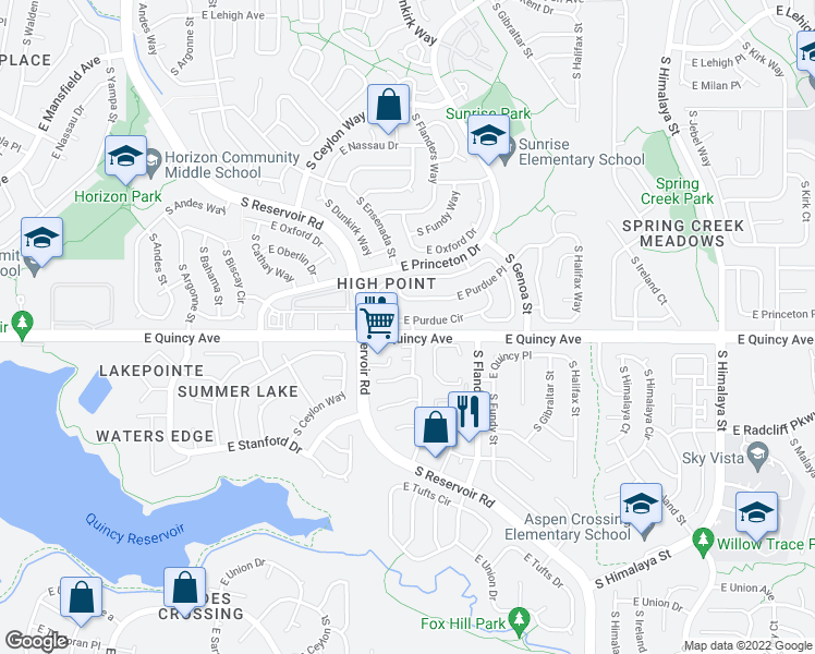map of restaurants, bars, coffee shops, grocery stores, and more near 19394 East Purdue Circle in Aurora