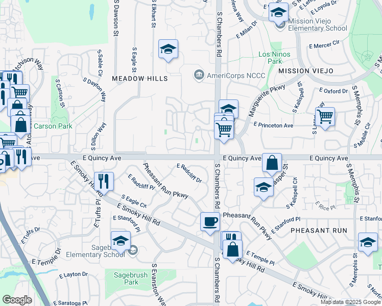 map of restaurants, bars, coffee shops, grocery stores, and more near in Aurora