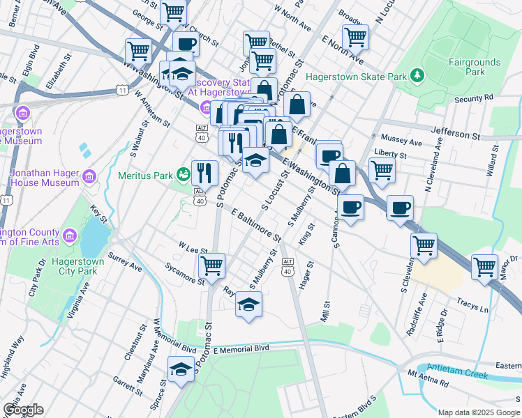map of restaurants, bars, coffee shops, grocery stores, and more near 135 South Locust Street in Hagerstown