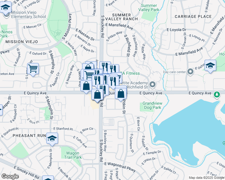 map of restaurants, bars, coffee shops, grocery stores, and more near 16991 East Quincy Avenue in Aurora