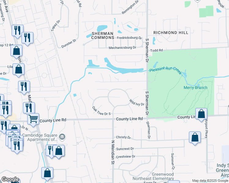 map of restaurants, bars, coffee shops, grocery stores, and more near 3501 Wild Ivy Dr in Indianapolis