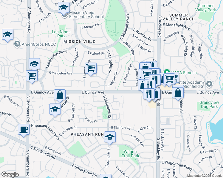 map of restaurants, bars, coffee shops, grocery stores, and more near 4242 South Mobile Circle in Aurora