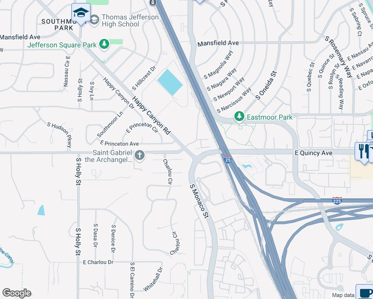 map of restaurants, bars, coffee shops, grocery stores, and more near 6495 East Happy Canyon Road in Denver