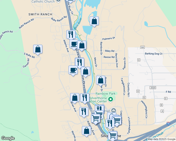 map of restaurants, bars, coffee shops, grocery stores, and more near 812-828 Blue River Parkway in Silverthorne