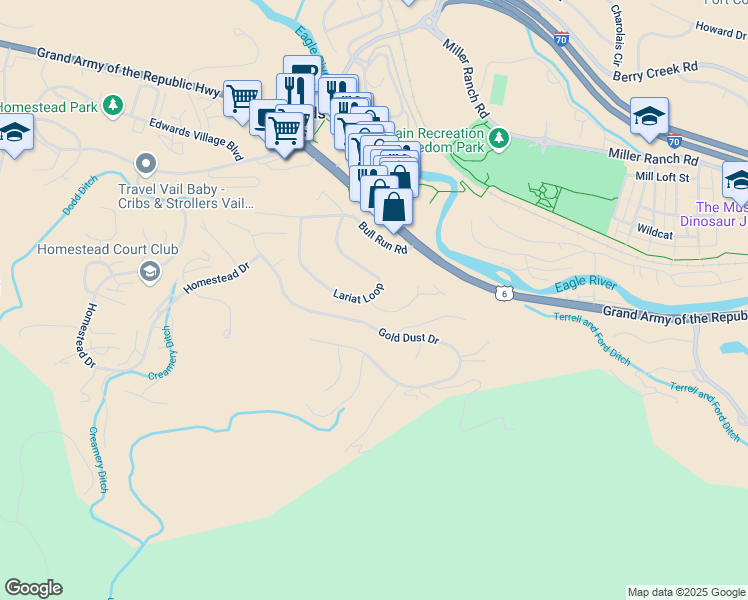 map of restaurants, bars, coffee shops, grocery stores, and more near 333 Lariat Loop in Edwards