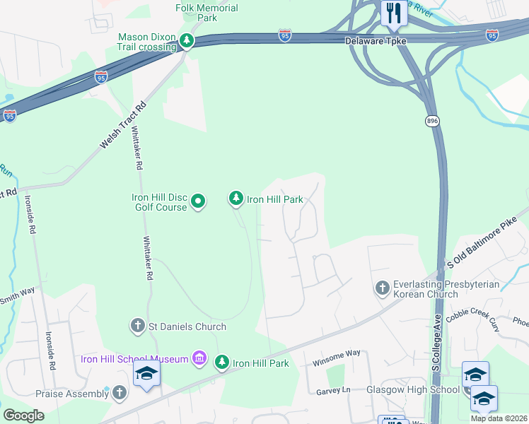 map of restaurants, bars, coffee shops, grocery stores, and more near 1535 Iron Hill Road in Newark
