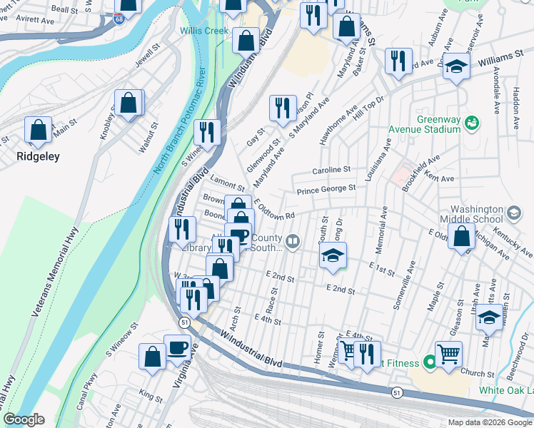 map of restaurants, bars, coffee shops, grocery stores, and more near 104 East Oldtown Road in Cumberland