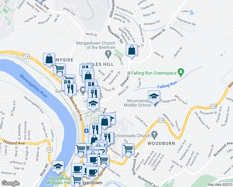 map of restaurants, bars, coffee shops, grocery stores, and more near 372 Stewart Street in Morgantown