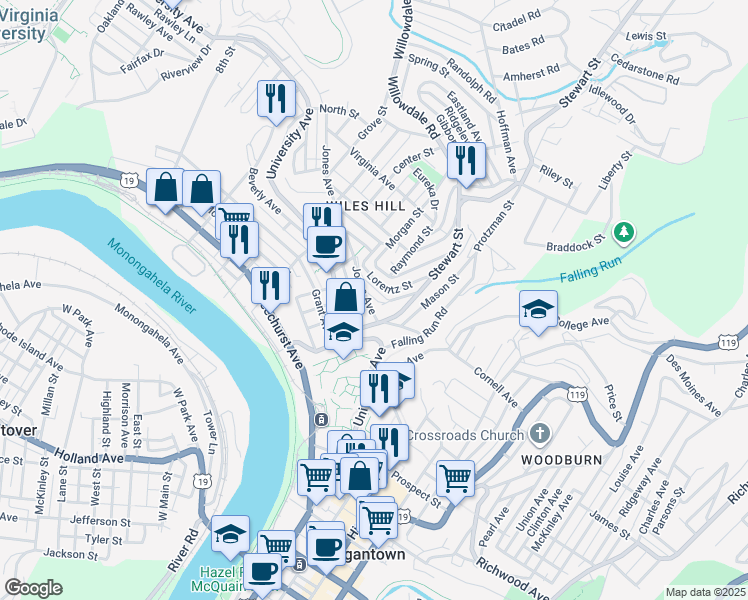 map of restaurants, bars, coffee shops, grocery stores, and more near 55 Jones Avenue in Morgantown