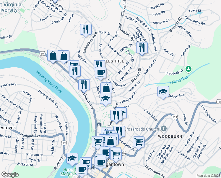 map of restaurants, bars, coffee shops, grocery stores, and more near 55 Jones Avenue in Morgantown